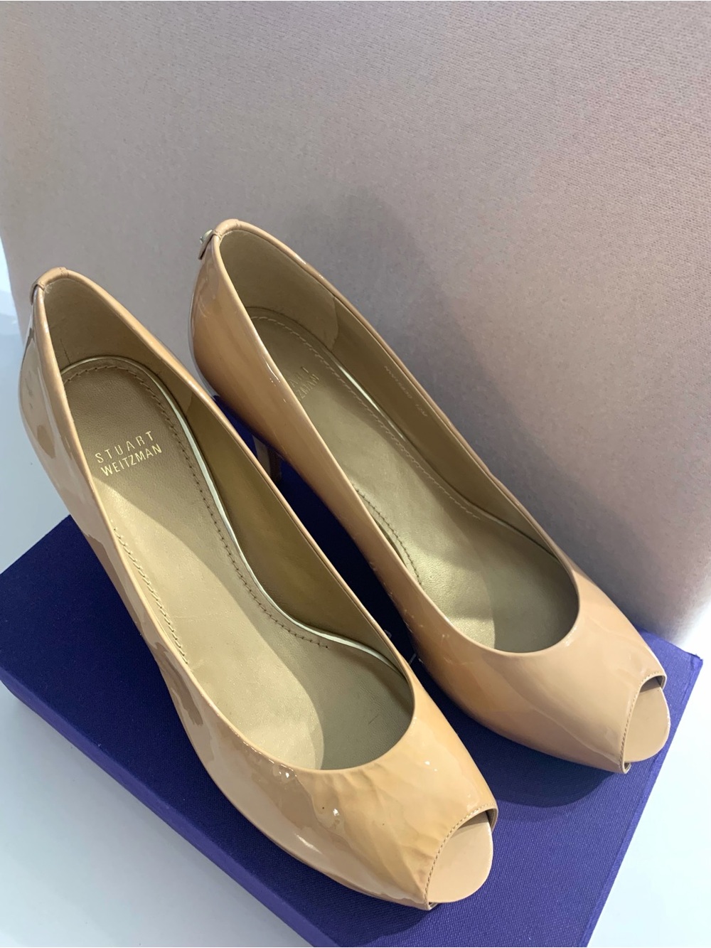 Stuart Weitzman Beige Patent Peep-Toe Pumps